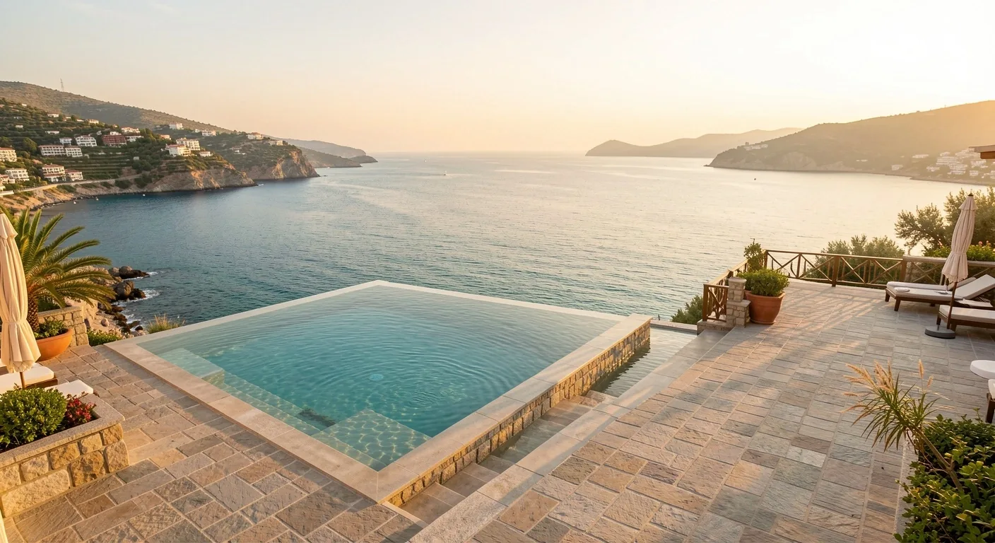 Akdeniz kıyısında gün batımında sakin bir tatil tesisi terası
