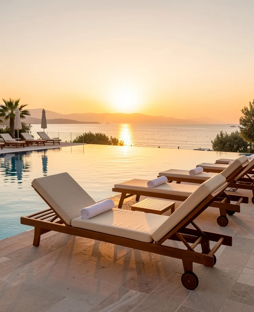 Ergonomik şezlonglar ve sakin deniz manzaralı Antalya resort havuzu