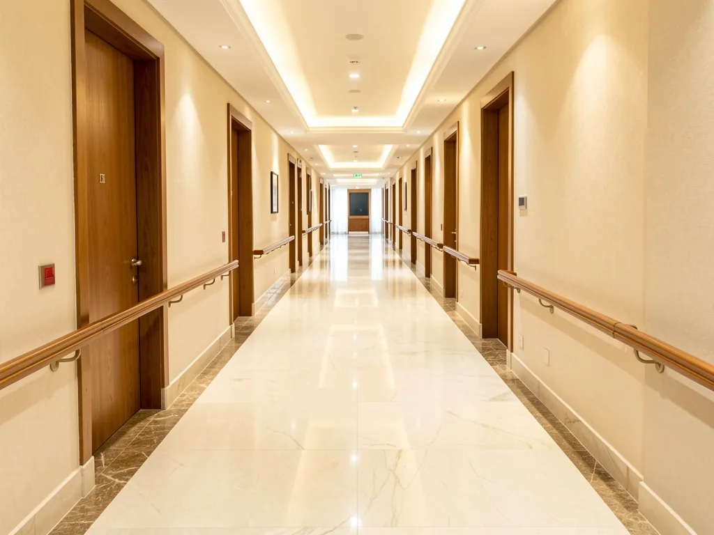 Geniş ve eşiksiz otel koridoru