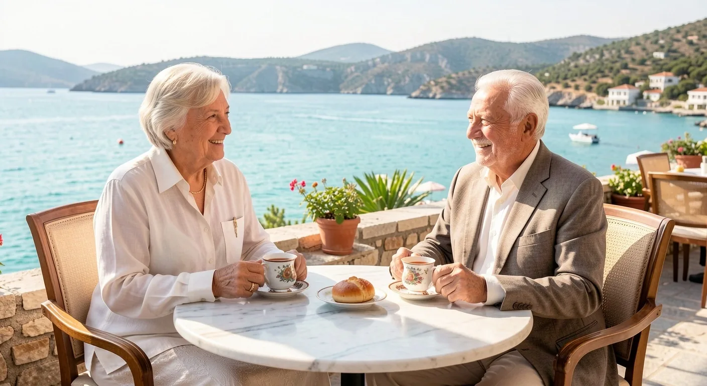 Altın saatte Ege sahili otel terası, çay içen yaşlı çift