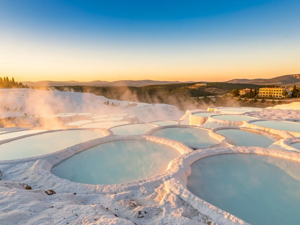Pamukkale travertenleri, gün batımında, şifalı su havuzları