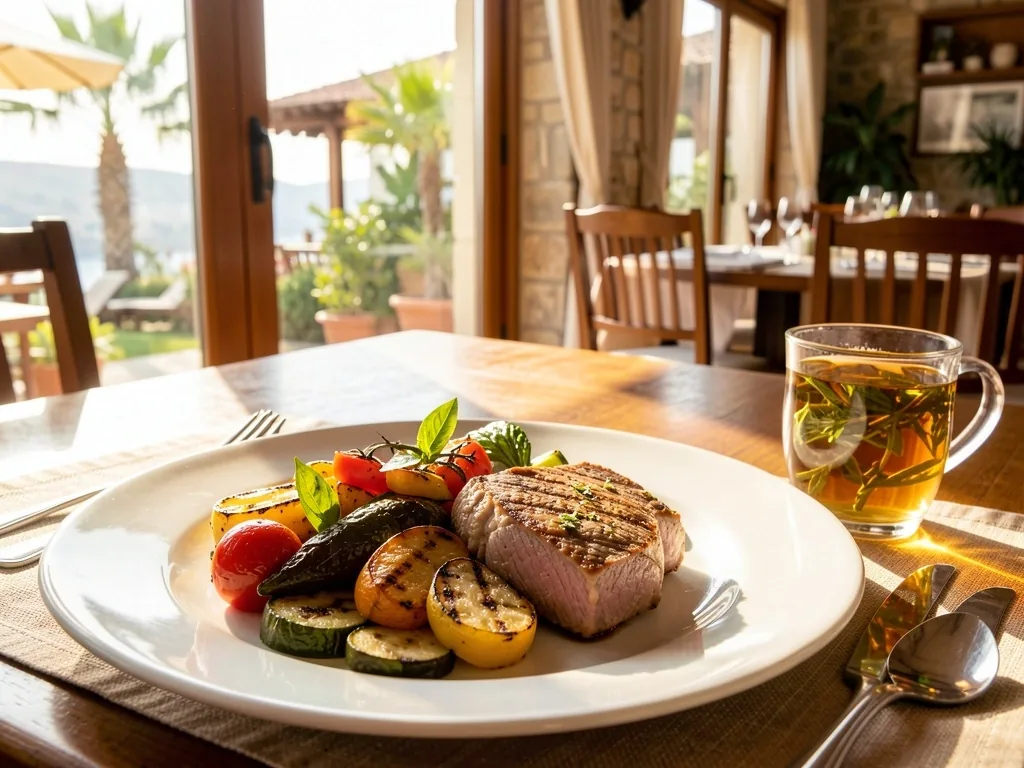 Sağlıklı termal otel yemek tabağı, taze mevsim sebzeleri