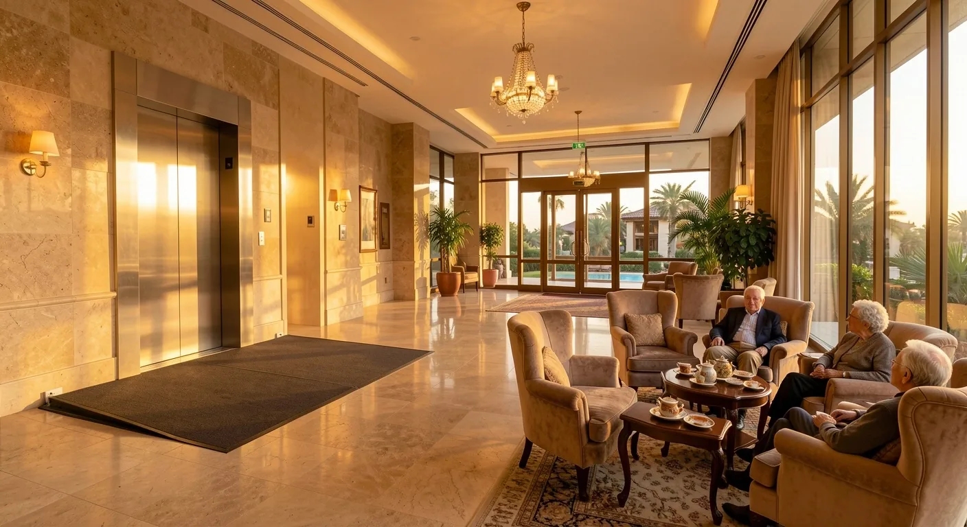 Türkiye'de yaşlı dostu otel lobisi, geniş erişilebilir giriş ve asansör